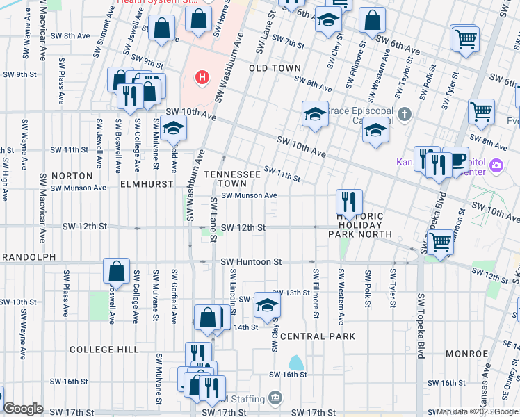 map of restaurants, bars, coffee shops, grocery stores, and more near 1179 Southwest Buchanan Street in Topeka