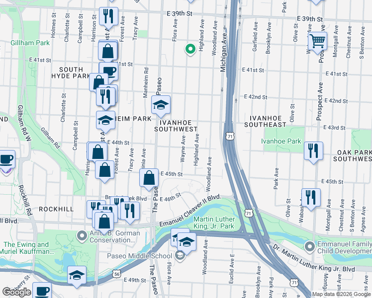 map of restaurants, bars, coffee shops, grocery stores, and more near 4404 Wayne Avenue in Kansas City