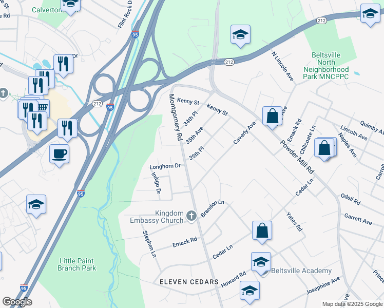 map of restaurants, bars, coffee shops, grocery stores, and more near 11602 35th Place in Beltsville