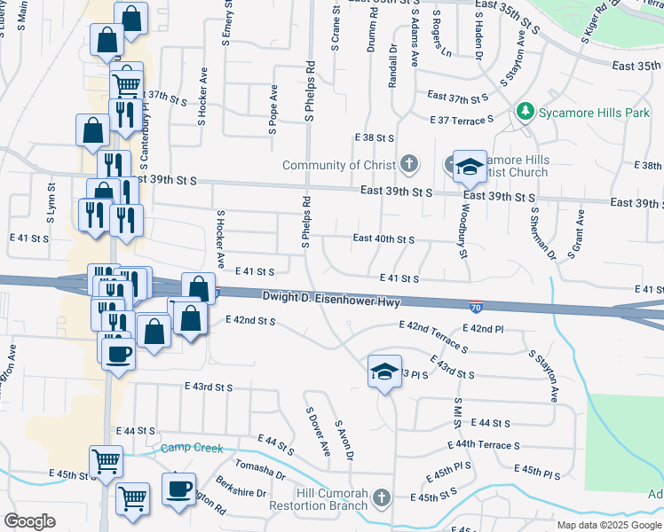 map of restaurants, bars, coffee shops, grocery stores, and more near 14902 E 41st Street South in Independence