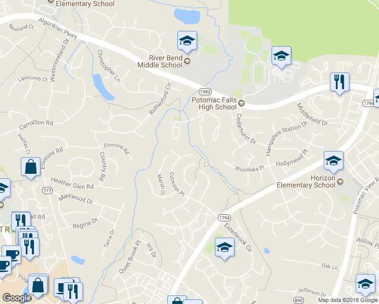 map of restaurants, bars, coffee shops, grocery stores, and more near 20592 Cutwater Place in Sterling