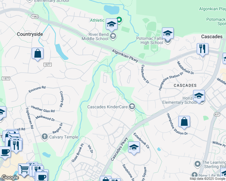 map of restaurants, bars, coffee shops, grocery stores, and more near 20592 Cutwater Place in Sterling