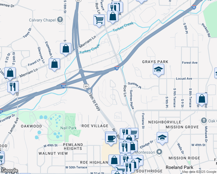 map of restaurants, bars, coffee shops, grocery stores, and more near 3114 Woodview Ridge Drive in Kansas City
