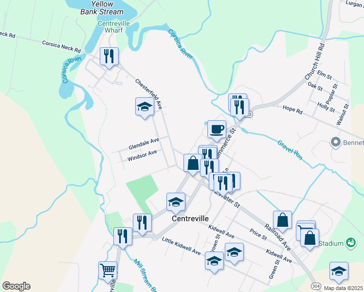 map of restaurants, bars, coffee shops, grocery stores, and more near 220 Broadway in Centreville