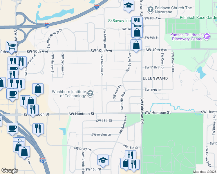 map of restaurants, bars, coffee shops, grocery stores, and more near 1152 Southwest Mifflin Court in Topeka
