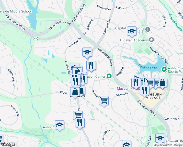 map of restaurants, bars, coffee shops, grocery stores, and more near 20630 Ashburn Road in Ashburn