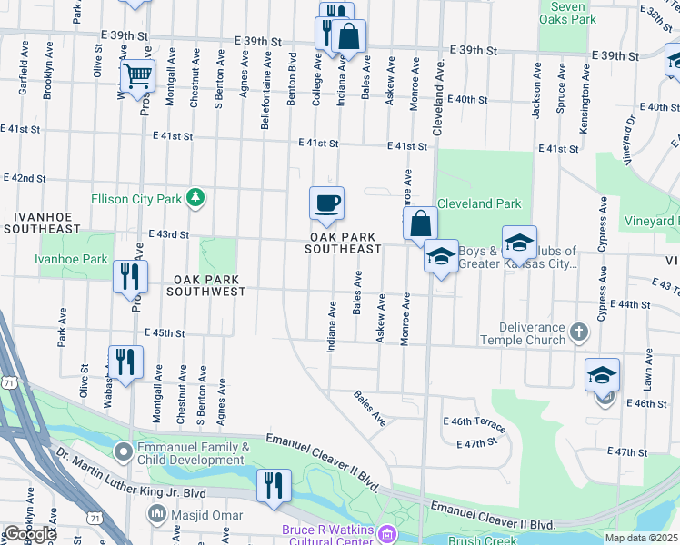 map of restaurants, bars, coffee shops, grocery stores, and more near 4336 Indiana Avenue in Kansas City