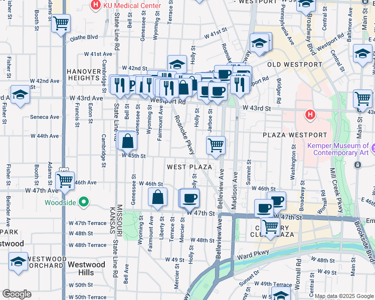 map of restaurants, bars, coffee shops, grocery stores, and more near 1300 West 45th Street in Kansas City