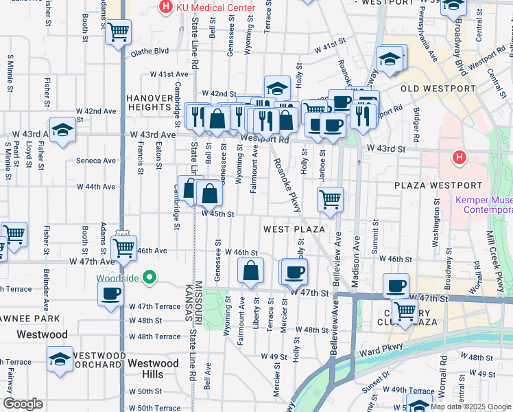 map of restaurants, bars, coffee shops, grocery stores, and more near 4447 Fairmount Avenue in Kansas City