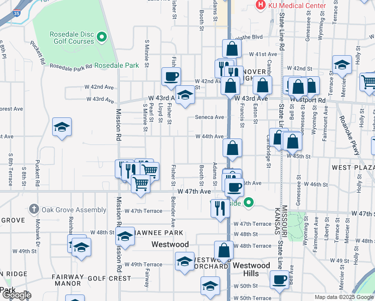 map of restaurants, bars, coffee shops, grocery stores, and more near 4456 Springfield Street in Kansas City