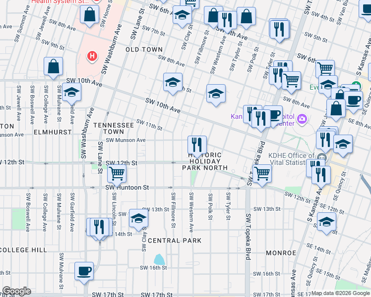 map of restaurants, bars, coffee shops, grocery stores, and more near 1121 Southwest Western Avenue in Topeka