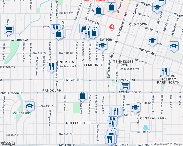 map of restaurants, bars, coffee shops, grocery stores, and more near 1182 Southwest College Avenue in Topeka