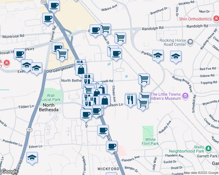 map of restaurants, bars, coffee shops, grocery stores, and more near 5440 Marinelli Road in North Bethesda