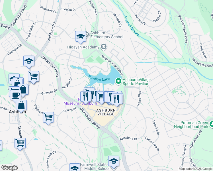 map of restaurants, bars, coffee shops, grocery stores, and more near 20571 Snowshoe Square in Ashburn