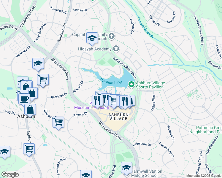 map of restaurants, bars, coffee shops, grocery stores, and more near 20595 Cornstalk Terrace in Ashburn