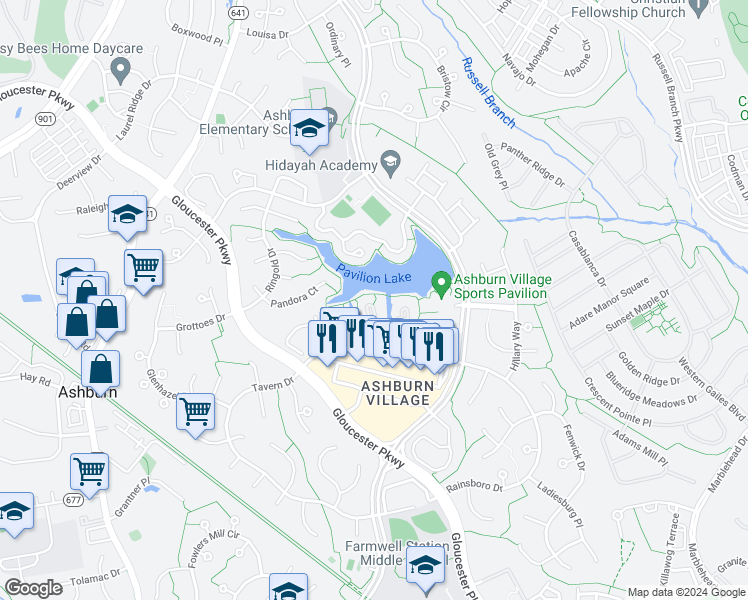 map of restaurants, bars, coffee shops, grocery stores, and more near 20593 Cornstalk Terrace in Ashburn