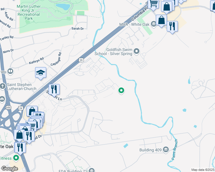 map of restaurants, bars, coffee shops, grocery stores, and more near 11525 February Circle in Silver Spring