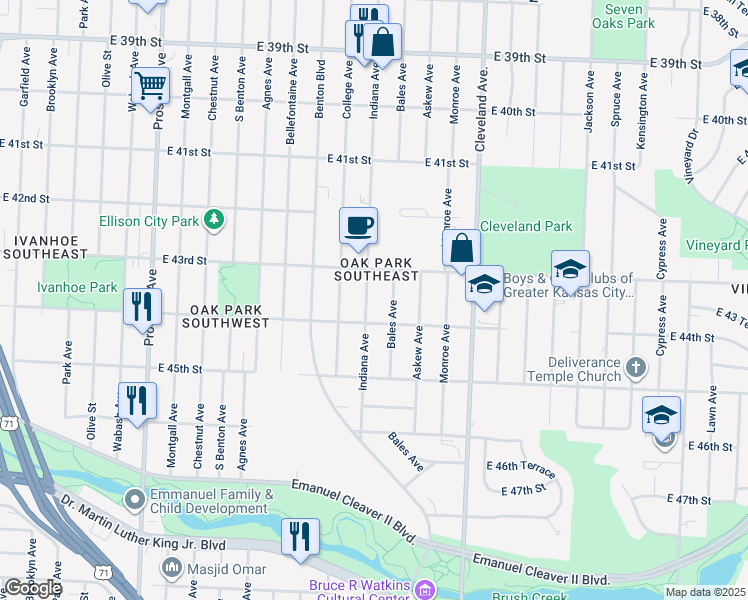 map of restaurants, bars, coffee shops, grocery stores, and more near 4336 Indiana Avenue in Kansas City