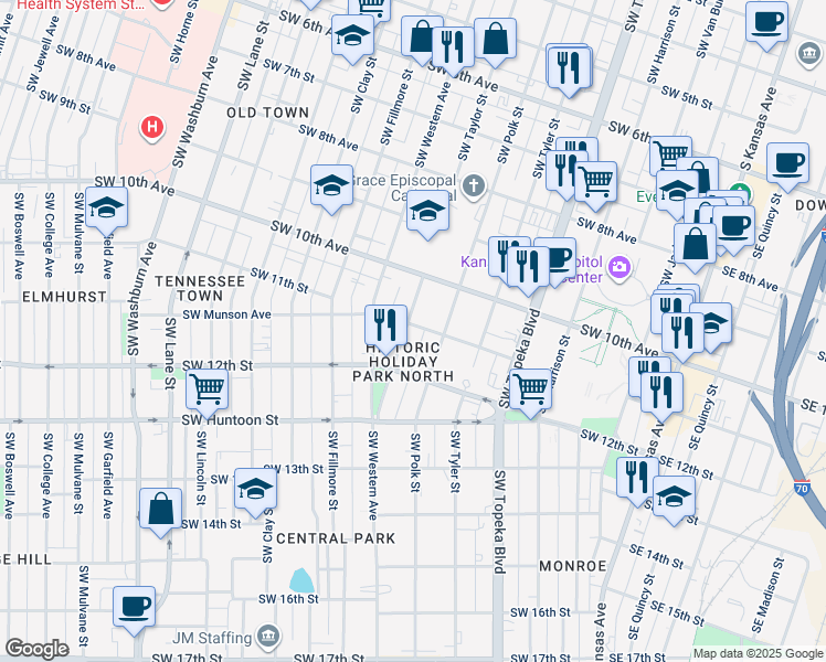 map of restaurants, bars, coffee shops, grocery stores, and more near 1100 Southwest Taylor Street in Topeka