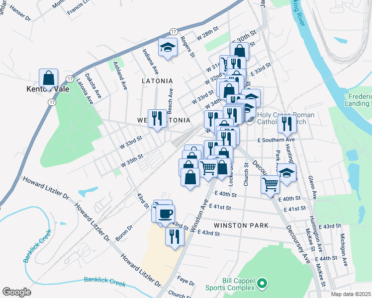map of restaurants, bars, coffee shops, grocery stores, and more near 120 West 38th Street in Covington