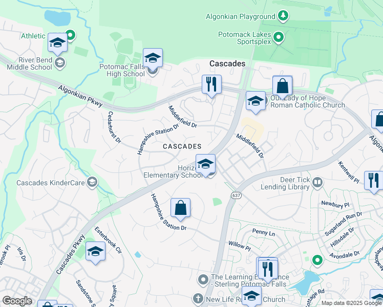 map of restaurants, bars, coffee shops, grocery stores, and more near 46613 Stonehelm Court in Sterling