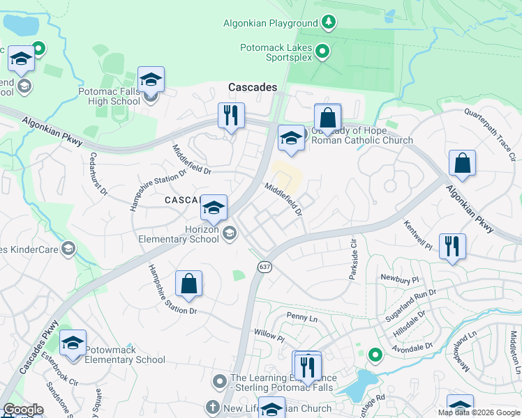 map of restaurants, bars, coffee shops, grocery stores, and more near 20554 Fairchild Terrace in Sterling
