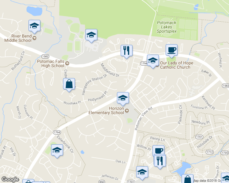 map of restaurants, bars, coffee shops, grocery stores, and more near 46613 Stonehelm Court in Sterling