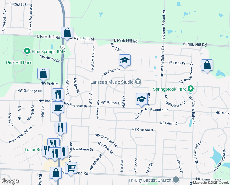 map of restaurants, bars, coffee shops, grocery stores, and more near 308 Northwest Pecan Street in Blue Springs