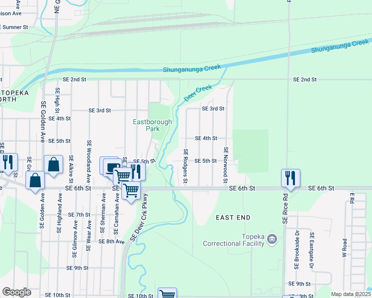 map of restaurants, bars, coffee shops, grocery stores, and more near Southeast Rodgers Street in Topeka