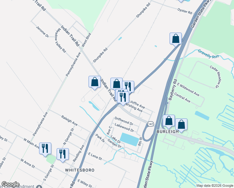 map of restaurants, bars, coffee shops, grocery stores, and more near 6 Indian Trail Road in Cape May County