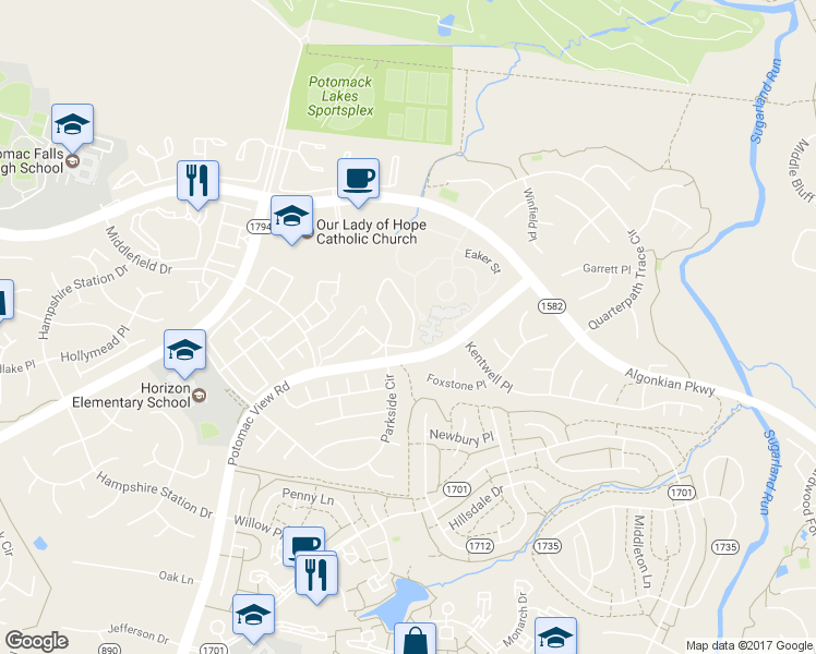 map of restaurants, bars, coffee shops, grocery stores, and more near 20591 Morningside Terrace in Sterling
