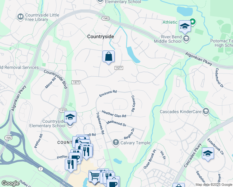 map of restaurants, bars, coffee shops, grocery stores, and more near 123 Environs Road in Sterling