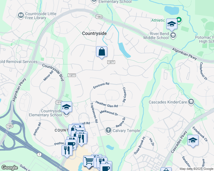 map of restaurants, bars, coffee shops, grocery stores, and more near 121 Environs Road in Sterling