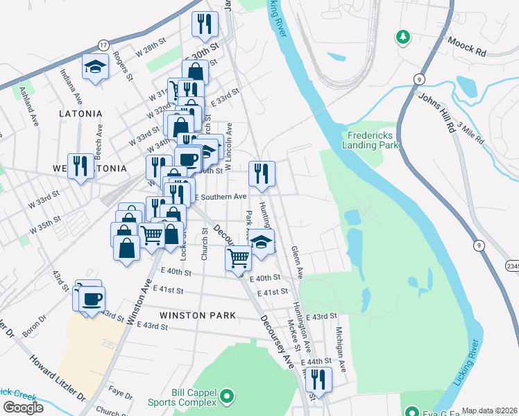 map of restaurants, bars, coffee shops, grocery stores, and more near 3726 Huntington Avenue in Covington
