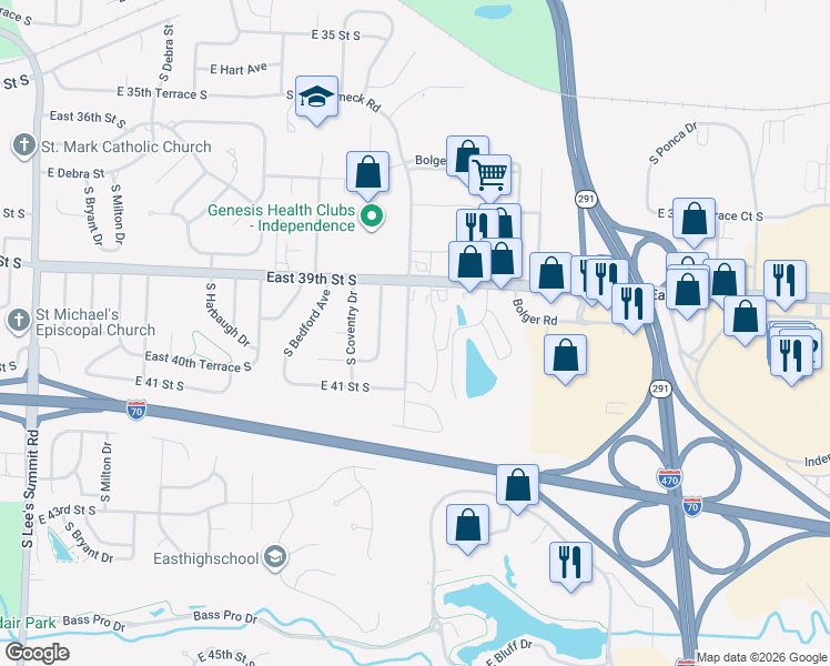 map of restaurants, bars, coffee shops, grocery stores, and more near 3939 South Crackerneck Road in Independence