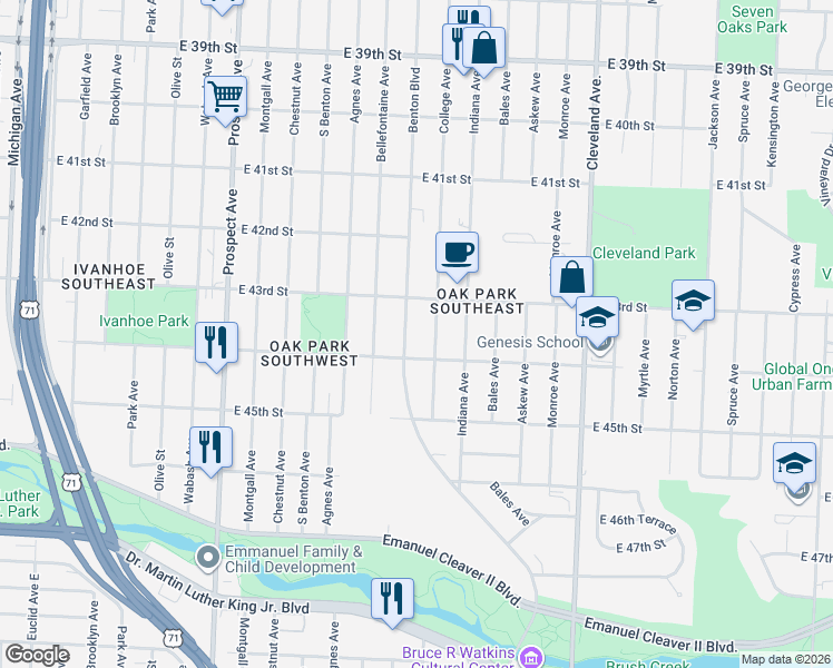 map of restaurants, bars, coffee shops, grocery stores, and more near 4340 College Avenue in Kansas City