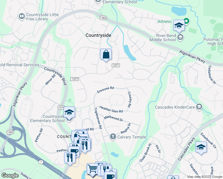 map of restaurants, bars, coffee shops, grocery stores, and more near 121 Environs Road in Sterling