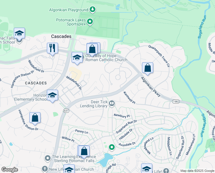 map of restaurants, bars, coffee shops, grocery stores, and more near 20591 Morningside Terrace in Sterling