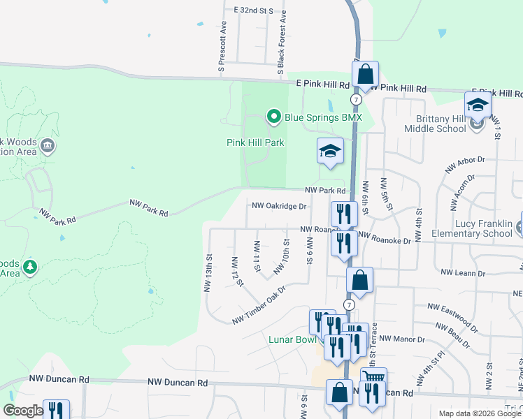map of restaurants, bars, coffee shops, grocery stores, and more near 2405 Northwest Timber View Court in Blue Springs