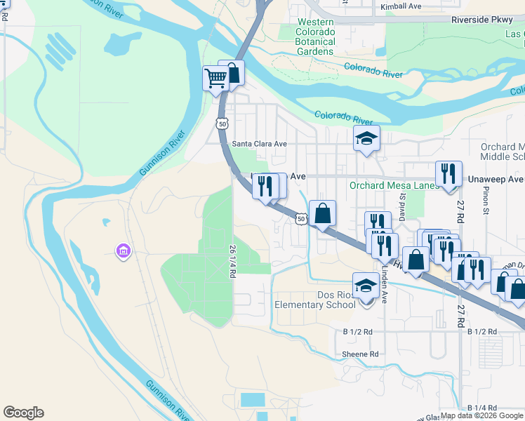 map of restaurants, bars, coffee shops, grocery stores, and more near 555 US Highway 50 in Grand Junction