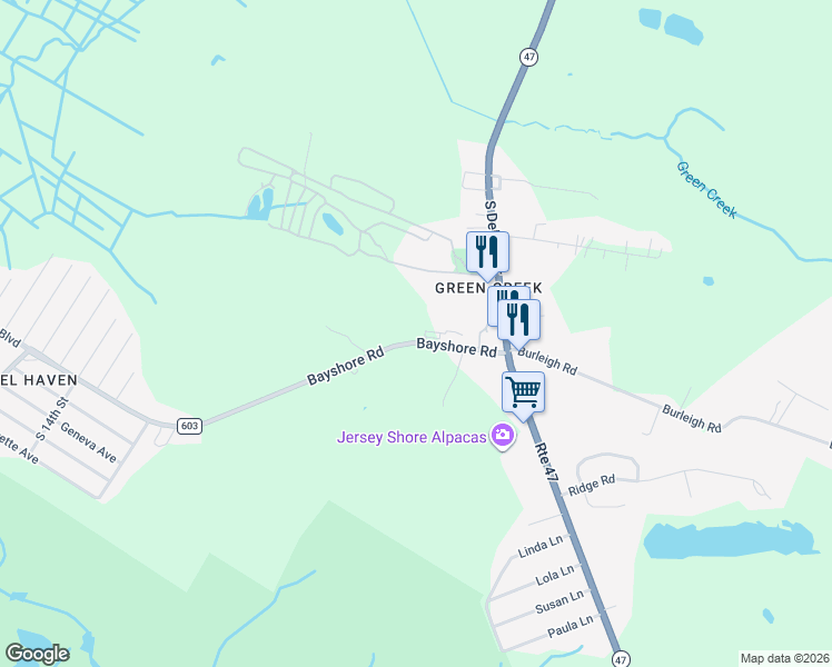 map of restaurants, bars, coffee shops, grocery stores, and more near 20 Bayshore Road in Middle Township