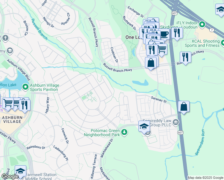 map of restaurants, bars, coffee shops, grocery stores, and more near 20582 Rosewood Manor Square in Ashburn