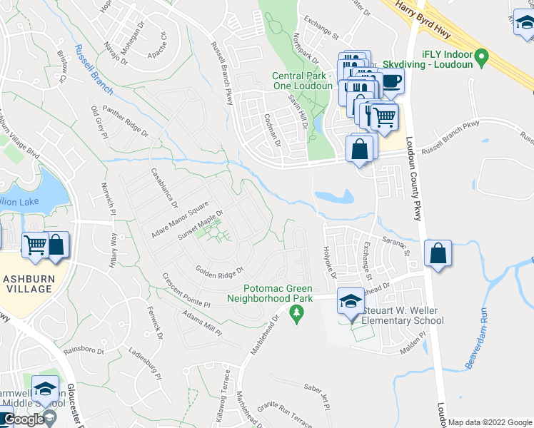 map of restaurants, bars, coffee shops, grocery stores, and more near 20582 Rosewood Manor Square in Ashburn