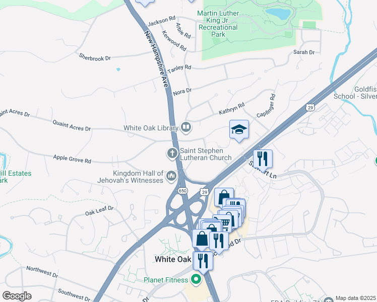 map of restaurants, bars, coffee shops, grocery stores, and more near 11621 New Hampshire Avenue in Silver Spring