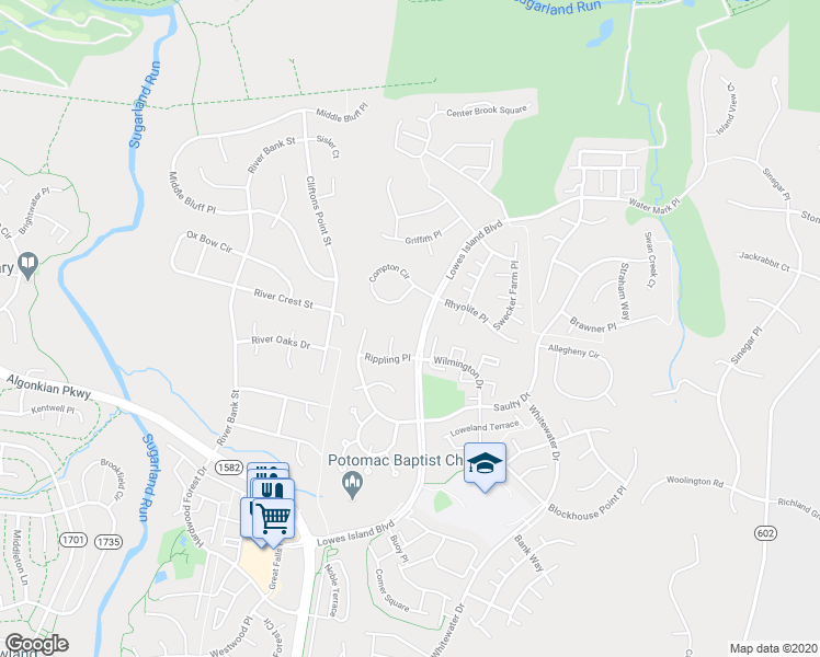 map of restaurants, bars, coffee shops, grocery stores, and more near 20548 Tidewater Court in Sterling