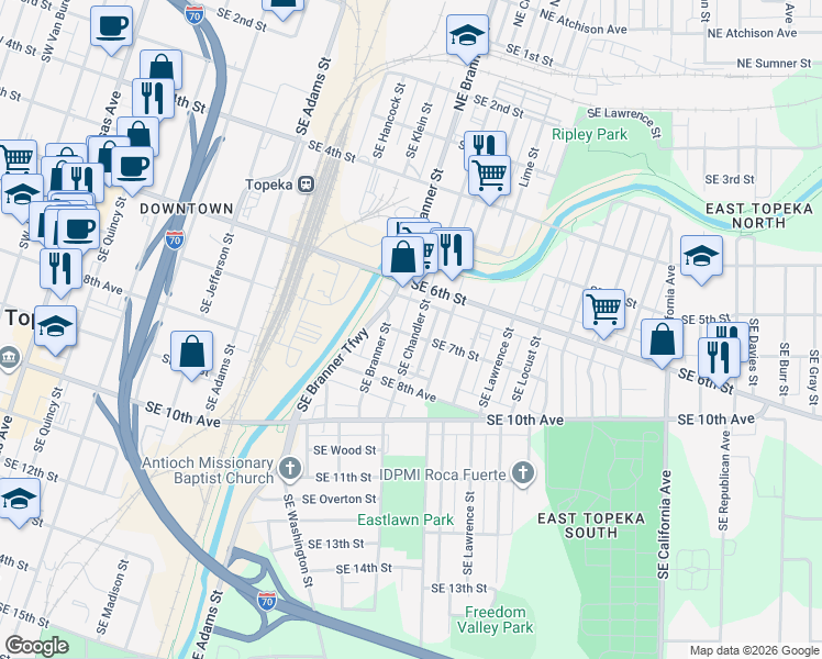 map of restaurants, bars, coffee shops, grocery stores, and more near 707 Southeast Chandler Street in Topeka