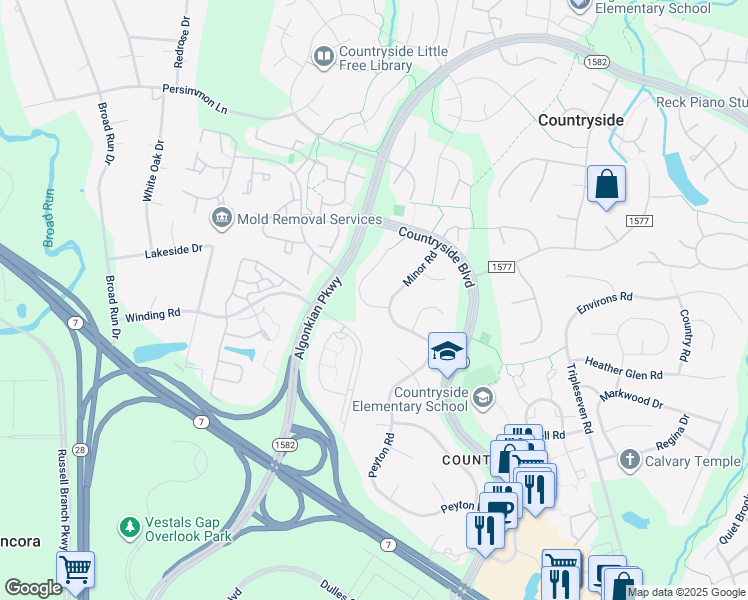 map of restaurants, bars, coffee shops, grocery stores, and more near 4 Moss Road in Sterling