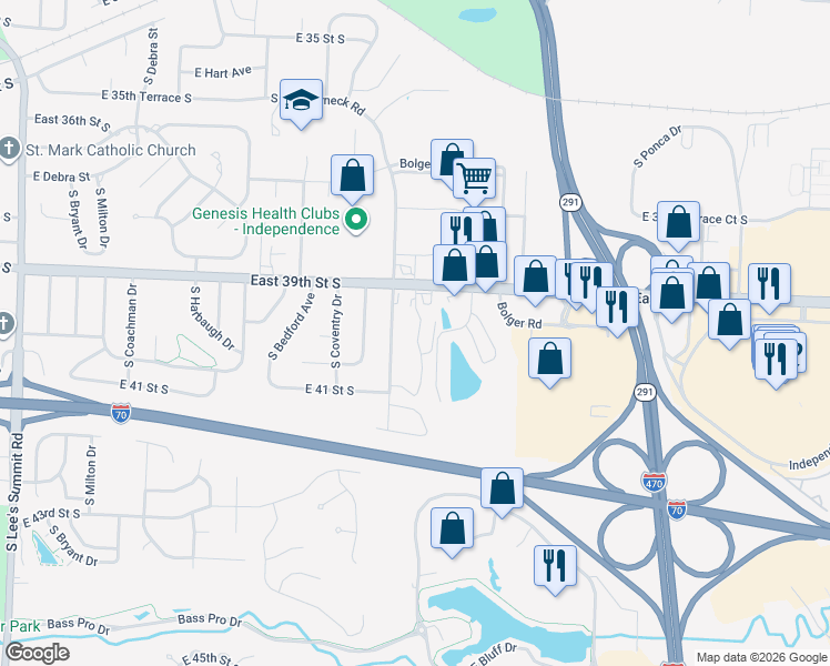 map of restaurants, bars, coffee shops, grocery stores, and more near 3939 South Crackerneck Road in Independence