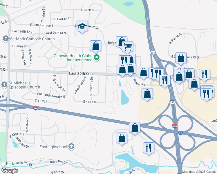map of restaurants, bars, coffee shops, grocery stores, and more near 3939 South Crackerneck Road in Independence