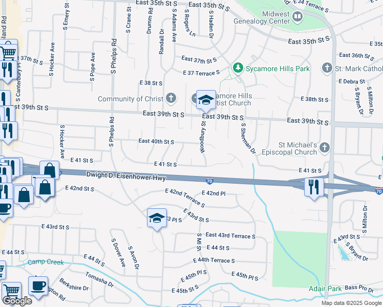 map of restaurants, bars, coffee shops, grocery stores, and more near 15302 East 41st Street South in Independence